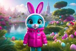 easter holidays, pixar art style of cute pixie smiling plush bunny with large eyes, magenta puffer jacket, manila city backdrop, by mobeius, large easter decorations, in the garden of Eden, stylized vegetation, turquoise water ground-level view, foggy atmosphere, hyper detailed, digital art, trending in artstation, cinematic lighting, unreal engine 5 rendered, octane rendered, art style by klimt and nixeu and ian sprigger and wlop and krenz cushart