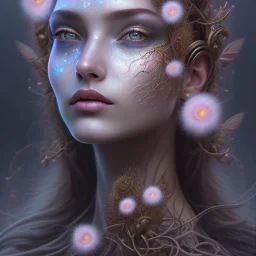 Portrait of beautiful girl, face dept of field,face shining, plant, metal, feathers,central weight average, CWA Dryad,Median filter fae, sidhe, ominous, nature, plants, wildflower sparkle,wildflower 3d view, facepaint, dnd character portrait, intricate, oil on canvas, masterpiece, expert, insanely detailed, 4k resolution, retroanime style, cute big circular reflective eyes, cinematic smooth, intricate detail , soft smooth lighting, soft pastel colors, painted Renaissance style,sharp focus