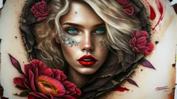 old canvas with worn torn folded edges and holes, cracks, heavily grained, broken lens effect, Iris wreath portrait Blonde woman, red lips, back tattoo, Alcohol ink, Hyperdetail, Anna Razumovskaya, Anna Dittmann, Luis Royo
