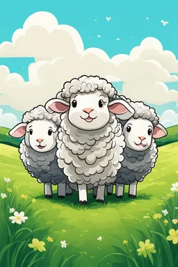 create an image with 4 cute sheep with the typography, happy face "sheep of faith", 2d, cartoon style, chibbi, kawai, a green field and blue sky in the background