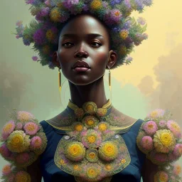 flowers black woman, colorful, intricate, elegant, highly detailed, digital painting, artstation, concept art, smooth, sharp focus, illustration, art by artgerm and greg rutkowski and alphonse mucha