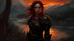 A formidable warrior girl in black armor, on the background Amazing gloomy landscape, flooded with sunset, mountains, trees, fabulous scary hero, , juicy emotions, painting, dark fantasy, gloomy day, dark world, portrait, by Alyssa Monks & Raymond Swanland & James Paick & Anna Razumovskaya