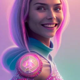 A portrait of a crystalised girl,smiling, laughting longs thin hairs blue, atmospheric, realistic,, cinematic lighting, octane render,, pink turquoise light, white skin, pink atmosphere, nice smile, jewels brillant, blue eyes, soft face, big smile, very happy, 8K hight quality, bright eyes light, pink silk dress, wrings fairies