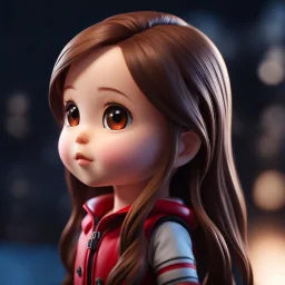 (close-up headshot) of a 4-year-old girl with long brown hair, (vibrant red eyes), adorable, cute, intricately detailed, masterpiece, anime chibi doll, 4k, American