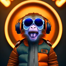 Monkey toddler, smile, steampunk headphone, sunglass, gangsta neckless, full body, orange puffer jacket, tokio background, dramatic lighting, hyper realistic, unreal engine 5, 16k