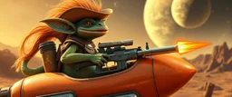 hairy macho cowboy gremlin lizard aliens living in a hi tech marvellous hot dog rocket with a mounted sling shot, heading for venus