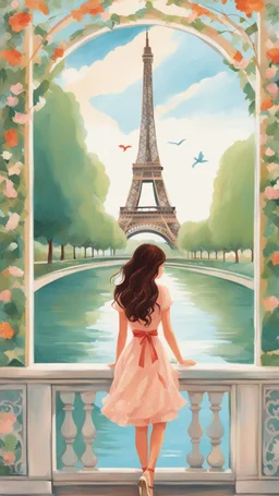 a painting of a girl in front of the eiffel tower, paris background, portrait of paris, romance book cover, cute storybook illustration, french girl, with eiffel view, by Lü Ji, paris, eiffel tower, promotional poster art, as a tarot card, a beautiful artwork illustration, romanticism art style, children's book cover, nouveau painting, infp girl