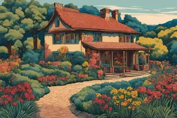 museum quality color woodcut landscape of a fanciful 1920's French country cottage in the style of Gustave Baumann, with a fine art aesthetic, highly detailed, finely cut ,8k render,