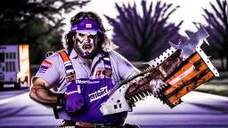 fedex driver holding chainsaw in texas chainsaw massacre style