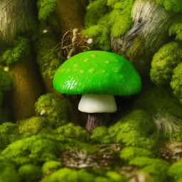 microphotography mushroom growing in a mossy dense lush green woods, high definition, detail, HD, 8k, realistic, 3d rendering, blender, photography, fisheye, bulge, tilt shift blur