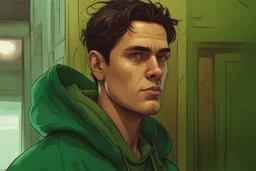 A dark-haired man, brown eyes, green hoody, Oil portrait, lichtenstain style, comic style