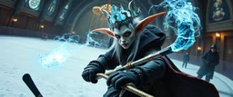 portrait of ice queen with dual wield magical aura hockey staff, pin hole cam, master oil painting by Rembrandt, d&d glam rock and glitter vampire gremlin illithid and lich playing hockey in ice skating hall or church, in the style of giger and escher, sci fi with floating little saucers