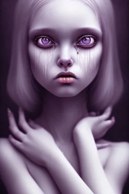 Crying girl, sad, expressive, emotive, frowning, furrowed eyebrows, pouting lips, soft pastels by Tim Burton