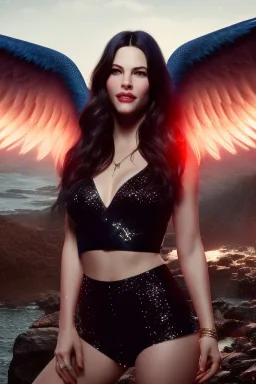 Liv Tyler has angel wings. She has beautiful eyes. Her hair flies in the air., closed eyes, rtx, reflection, 8k, glow, winning photography, caustics