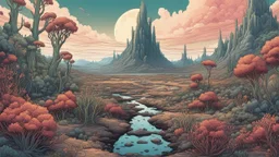 comic style, highly detailed ,gorgeous otherworldly landscape, otherworldly plants