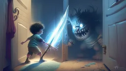 child fends off the evil monster that came out of his closet with a magical sword