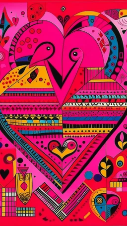 A pink realm of hearts and love designed in Kuna Molas painted by Wassily Kandinsky