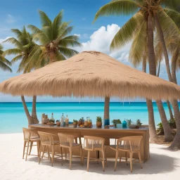 thatched awning tropical beach bar with a coconut theme, white sand and coconut trees in background, azure blue water