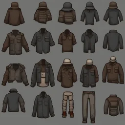 Sprite sheet, clothing, pants, shirt, hat, cap, shoes , icons, survival game, gray background, ,