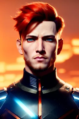 Male Cyborg anime warrior, orange hair, short hair, blue eyes, waist up portrait, 8k resolution, intricate details, ornate details, soft lighting, vibrant colors, retroanime, masterpiece, intricate eyeliner, dark eyeshadow, eyes, futuristic cityscape background