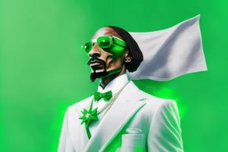 Snoop Dogg in a white tux, green flag with white star