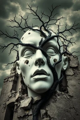 surrealis monochrome A fragmented, surreal sculpture liguid color of photorealistic image 3d,psychedelic art glossy emerging from devilish a crumbling building. The face appears pale with holes and intricate details, evoking a haunting expression. Blackened tree branches intertwine with the gold mengkilat cracks, set against a backdrop of stormy, cloud-filled skies. bauhaus art The overall tone is dark and moody, suggesting themes of decay and transformation.