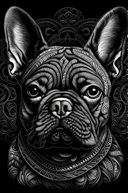 A hyper-realistic French bulldog drawn using lines that look tribal, black background