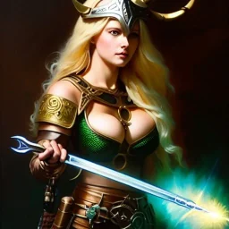 portrait 'beautiful Sexy Busty Blonde Sif',long hair,horned helmet, celtic tattoed,crystal clear green eyes,painting by gaston bussiere, greg rutkowski, yoji shinkawa, yoshitaka amano, tsutomu nihei, donato giancola, tim hildebrandt, oil on canvas, cinematic composition, extreme detail,fit full head inside picture,32k