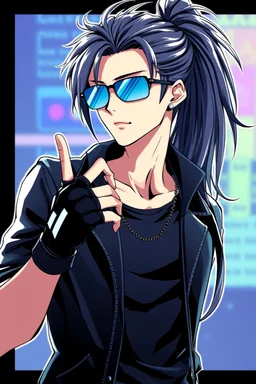 male cyberpunk solo with long hair tail, Norwegian, Wearing Leisureware and mirrored sunglasses, wearing gloves without fingers, lean, nice, anatomically correct hands, 90s Anime Style, Retroanime, Video Game Character,