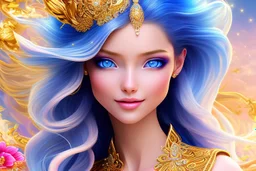 Beautyful smiling young woman, long hair amazing blue eyes, flowers, happy cosmic, bright colors, blue, pink, gold, jewels, realistic, photo real, clear sunny background, highly detailed, high contrast, 8k high definition, unreal engine 5, extremely sharp detail, light effect, sunny light background