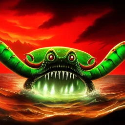 ultra detailed fullbody Drawing of Sea monster Gigantic green Alien Crab on the shore ,open mouth, with sharp teeth, with glowing red eyes,with humungus pincers, extremely detailed digital painting, intrincate, extremely detailed face,crystal clear Big eyes, in the style of Frank Frazetta, mystical colors , perfectly centered image, perfect composition, rim light, beautiful lighting, 8k, stunning scene, raytracing