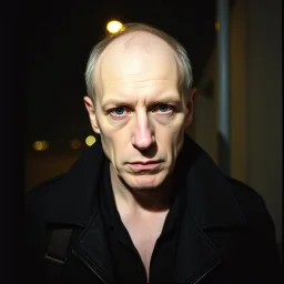 Grainy photo, grunge, 2000s Russia, punk, criminal, rough, confident, older male, extremely pale skin, portrait, night