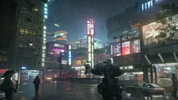 Cyberpunk district with giant foggy skyscarpers, cars, FoV: 100, HD, Unreal Engine 4, heavy rain, rainy streets reflection, neon signs, low contrast, grainy, less color, titanfall,