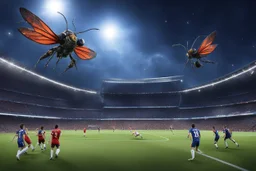 giants vs insects: on the football soccer playground.. On the left: one team is composed of towering giants with multiple arms. On the left: the opposing team is a group of insect-like beings with wings that shimmer in the stadium lights.