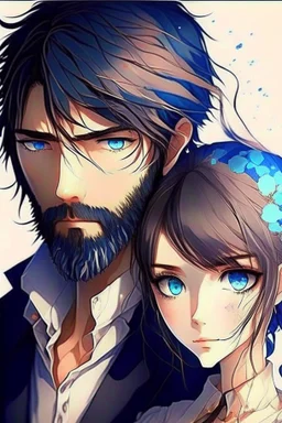 anime couple, romantic , colorful, man with salt and pepper beard and woman with dark hair and blue eyes