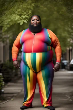 Massively obese black woman with a beard wearing a skin-tight rainbow jumpsuit. There is a bulge in the groin. Photograph.