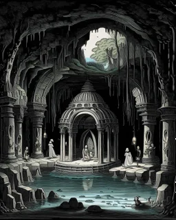 A black grotto with watery springs temple designed in Bayeux tapestry painted by Giovanni Battista Sassi