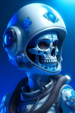 beautifull sad woman sugar skull la catrina de los muertos, perfect anatomy, stitched lips, facing forward, astronaut drifting in space suit with helmet, galaxy, pilot, pretty eyes, big wings, photography, soft light, volumetric lighting, ultra-detailed photography, blue background, super high resolution + UHD + HDR + highly detailed, hyperrealistic, dynamic lighting, fantasy art , green and yellow hues, stars, octopus
