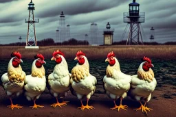 Five hens in front of a lighttower