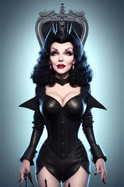 Joan Collins as evil queen in black leather, leather, busty, cleavage, angry, stern look. character design by cory loftis, fenghua zhong, ryohei hase, ismail inceoglu and ruan jia. unreal engine 5, artistic lighting, highly detailed, photorealistic, fantasy