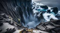 This mesmerizing ocean cliff scene captures the dramatic power and beauty of nature. Towering rugged cliffs stand majestically against the vast expanse of the ocean, where the water pours into a singular bottomless pit. The cliffs, with their sharp and jagged edges, create a stark contrast to the rough, flowing water, making the scene even more captivating. Sunlight pierces through the mist rising from the waterfalls, creating a magical, ethereal atmosphere