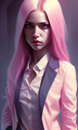 girl, cute, beautiful, pink hair, brown eyes, long hair, bangs, knife in hand, blood on face, by Greg Rutkowski, big boobs, blazer, skirt, yandere