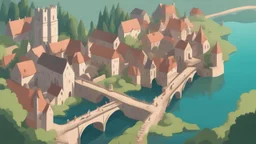 medieval gothic village on a lake with bridges, people, balconies, trees