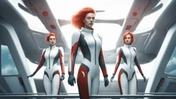 Photorealistic picture of a young man in a flight suit with two tall, slender female androids in biosuits, one with red hair and one with white hair, standing on the bridge of a spaceship.