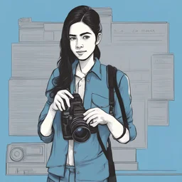 Illustration of a young journalist working in the press, holding a camera, 25 years old, short black hair, beard, no glasses, wearing a press jacket, front view, blue background, name Hema, signature Hjma, writing the name Hima