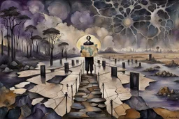 inner world , atypical world, in midle an alone human figure in weird alternative clothes stands on the thin bridge with a big map his hands , weird whimsical landscape, forest, and Sahara water and rocks,, around surreal cracked painted weird land with some black doors. dark purple, gray, black, white, brown. Whimsical style of Chagall , of Minjae Lee and Anton Semenov, lonely with absurd beauty. broken, weird bizarr,e absurd nightmare, neuron network background, surreal vibe