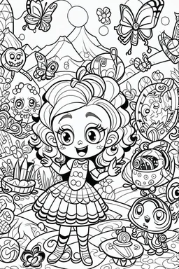coloring pages for kids, Texto " Lisbeth Del Valle " en alta definición, caracterizado al estilo de Cute hello kitty, halloween y flores, ilustración, mariposas,renderizado 3d, vibrante, 3d render, typography, cartoon style, thick lines, low detail, black and white, no shading, --ar 85:110