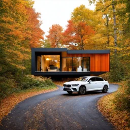 Cozy retreat, futuristic modern house in an autumn forest of vibrant colors. Contemporary design, clean lines and large windows, radiate a feeling of warmth and comfort. A white car parked on the winding road that leads to the house gives a touch of modernity to the rustic surroundings. The path is scattered with leaves. Around the house, mix of green, orange and yellow foliage. 8k