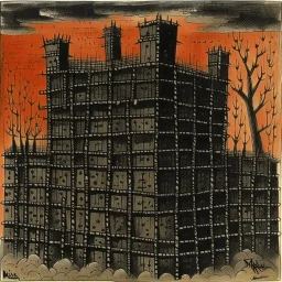 A black spongy fortress filled with chains painted by Paul Klee