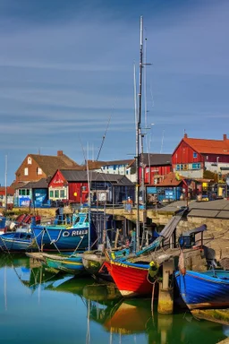 gothic, medieval, fishing town, rocks, long piers, fishing boats, shops, blue sky